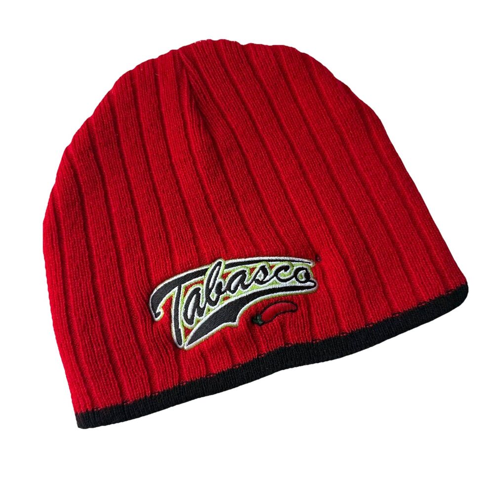 Vintage Tabasco Chili Pepper Styled Red & Black Beanie Hat One Size 100% Acrylic